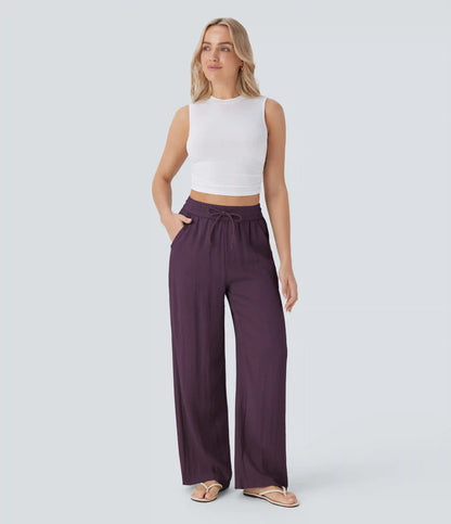 High Waisted Drawstring Pocket Wide Leg Baggy Casual Linen-Feel Pants