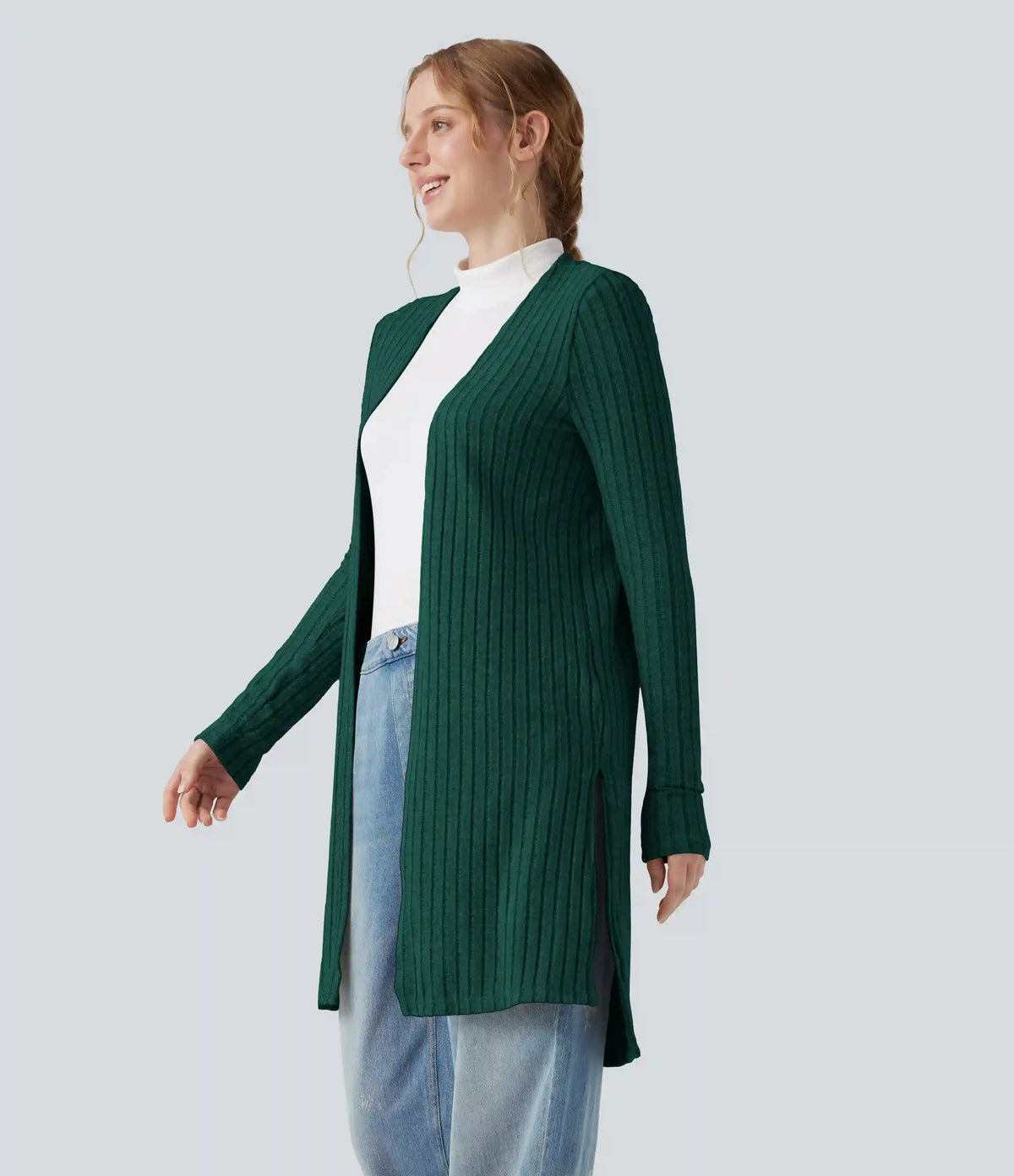 Ribbed Knit Long Sleeve Split Casual Cardigan