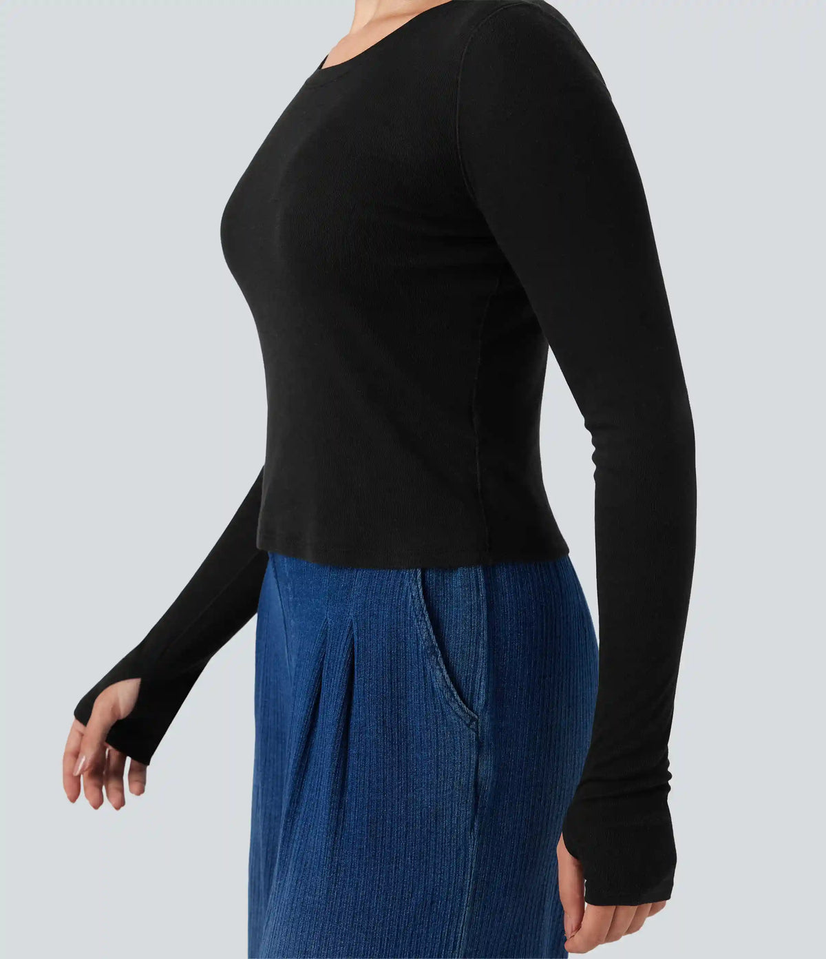 Scoop Neck Long Sleeve Thumb Hole Casual Wool-Blend Top
