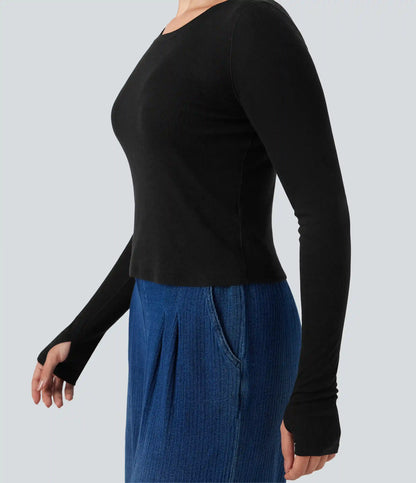 Scoop Neck Long Sleeve Thumb Hole Casual Wool-Blend Top