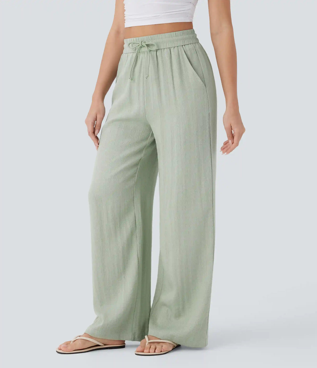 High Waisted Drawstring Pocket Wide Leg Baggy Casual Linen-Feel Pants