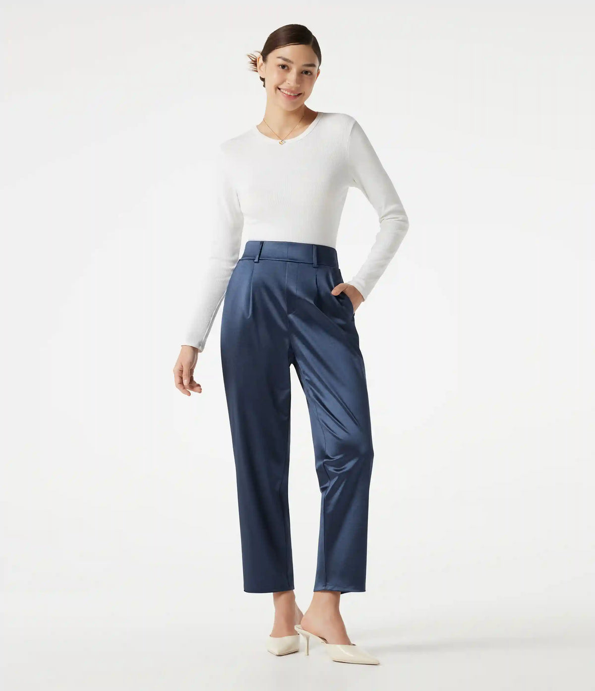 High Waisted Tapered Satin Work Pants with Pockets