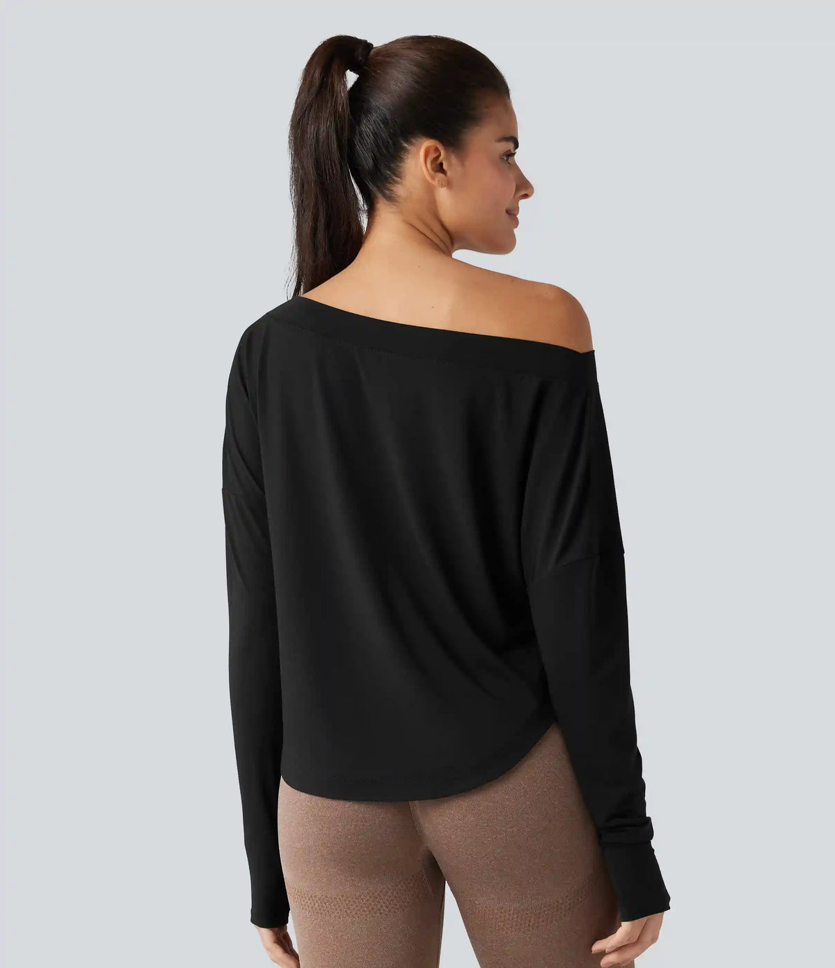 One Shoulder Long Sleeve Thumb Hole Curved Hem High Low Quick Dry Yoga Sports Top