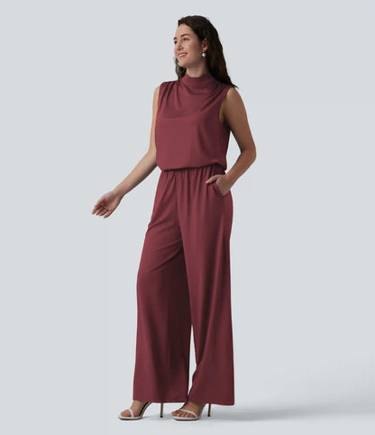 Stand Collar Sleeveless Straight Leg Bridesmaid And Wedding Guest Jumpsuit with Pockets-Easy Peezy