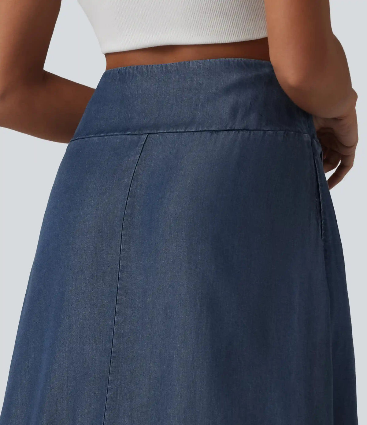High Waisted Invisible Zipper Asymmetric Hem Midi Draped Lyocell Denim Casual Flowy Skirt with Pockets