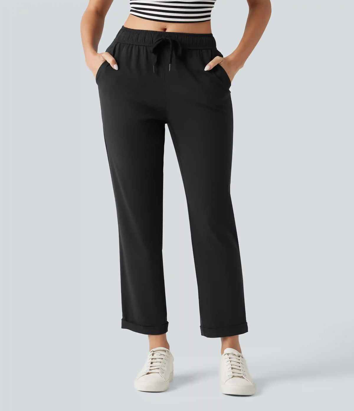 Mid Rise Drawstring Casual Stretch Linen Slim Pants with Pockets