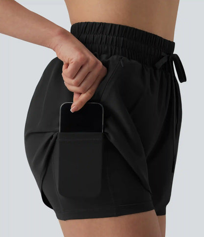 High Waisted Drawstring 2-in-1 Running Shorts with Pockets