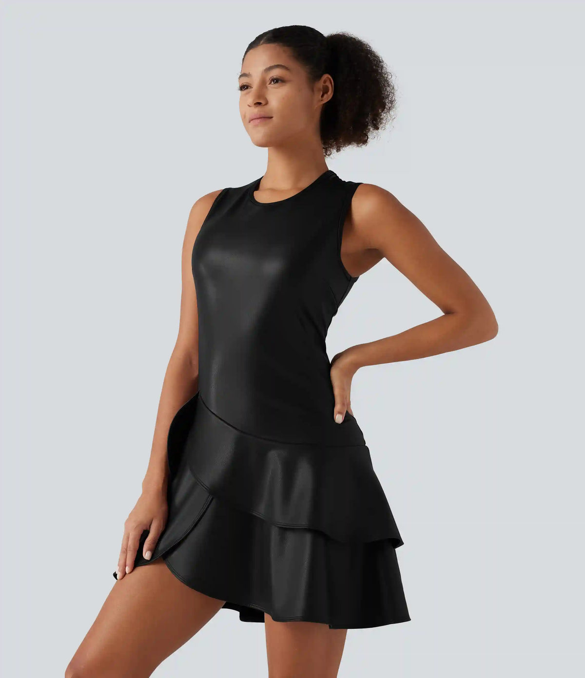 Round Neck Sleeveless Asymmetric Ruffle Hem A Line Mini Fleece Casual PU Leather Dress