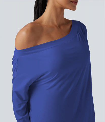 One Shoulder Long Sleeve Thumb Hole Curved Hem High Low Quick Dry Yoga Sports Top-Built-in Bra
