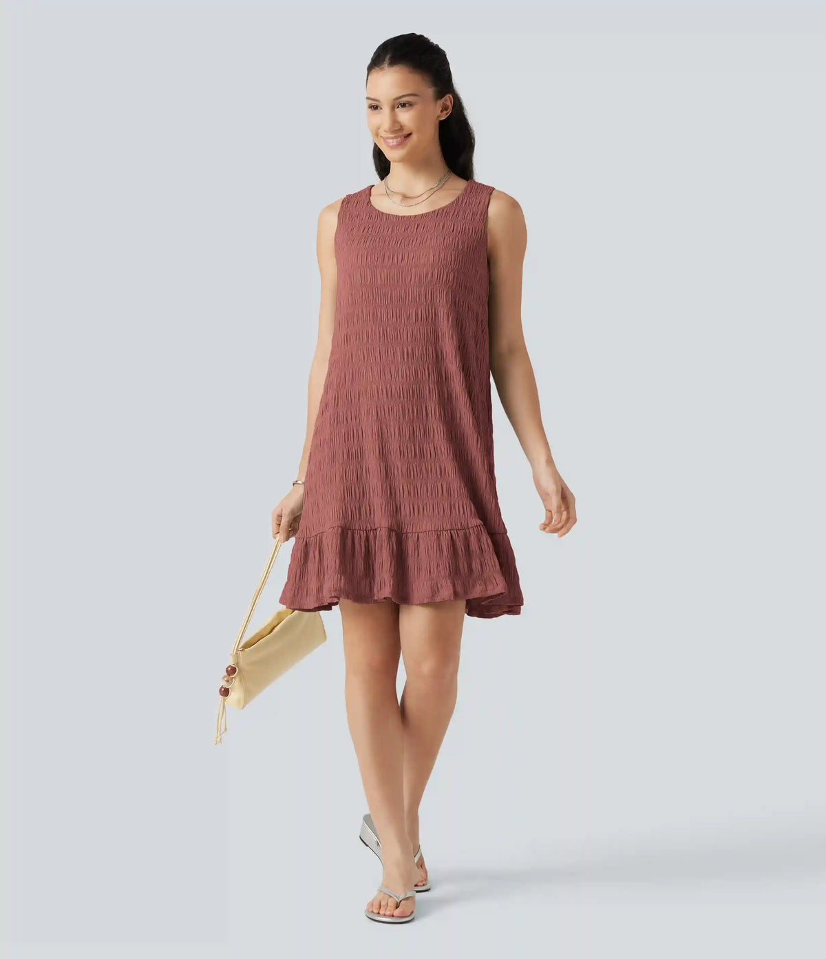 Round Neck Built-in Bra Sleeveless Ruffle Hem Mini Casual Dress DD-F Cups