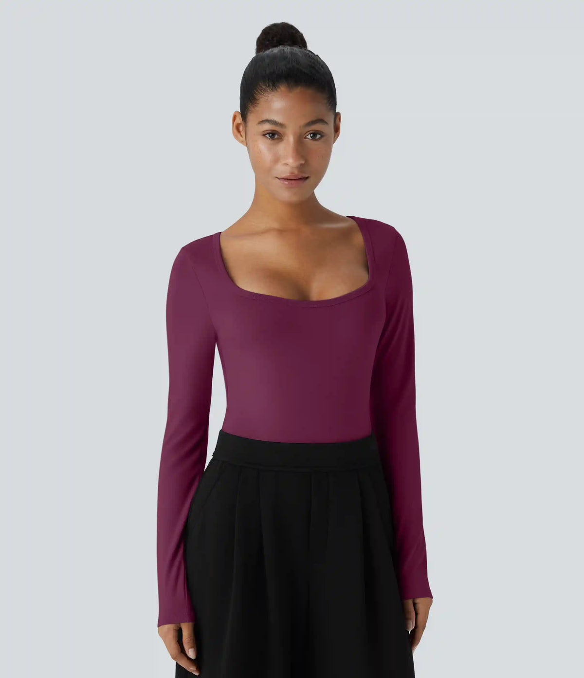 U Neck Long Sleeve Snap Skinny Work Bodysuit