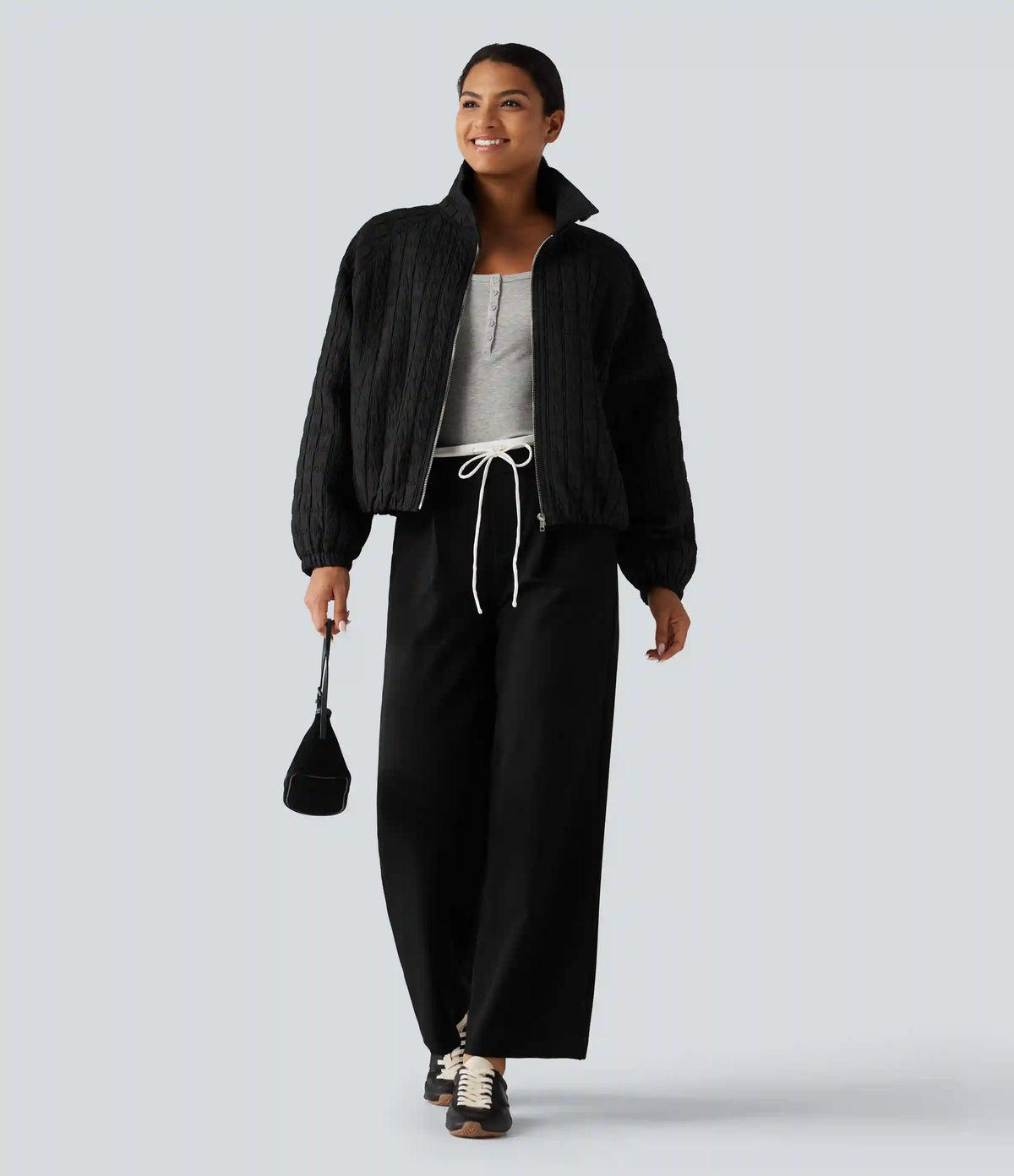 Stand Collar Long Sleeve Quilted Casual Jacket with Pockets