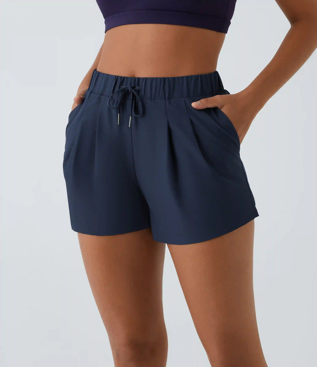 High Waisted Elastic Waistband Drawstring Pleated Yoga Shorts 3" with Pockets