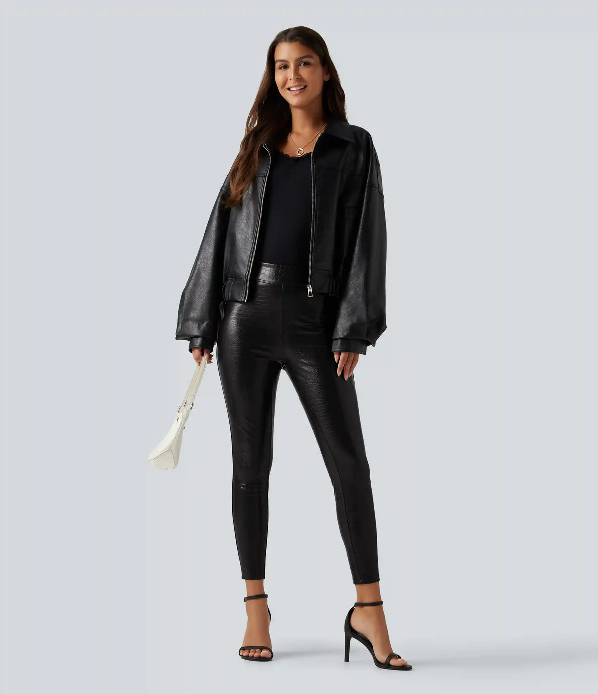 High Waisted Snakeskin Print Stretchy PU Fleece Casual Leggings with Pockets