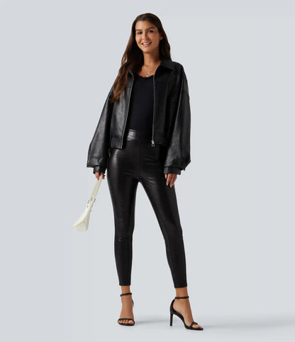 High Waisted Snakeskin Print Stretchy PU Fleece Casual Leggings with Pockets