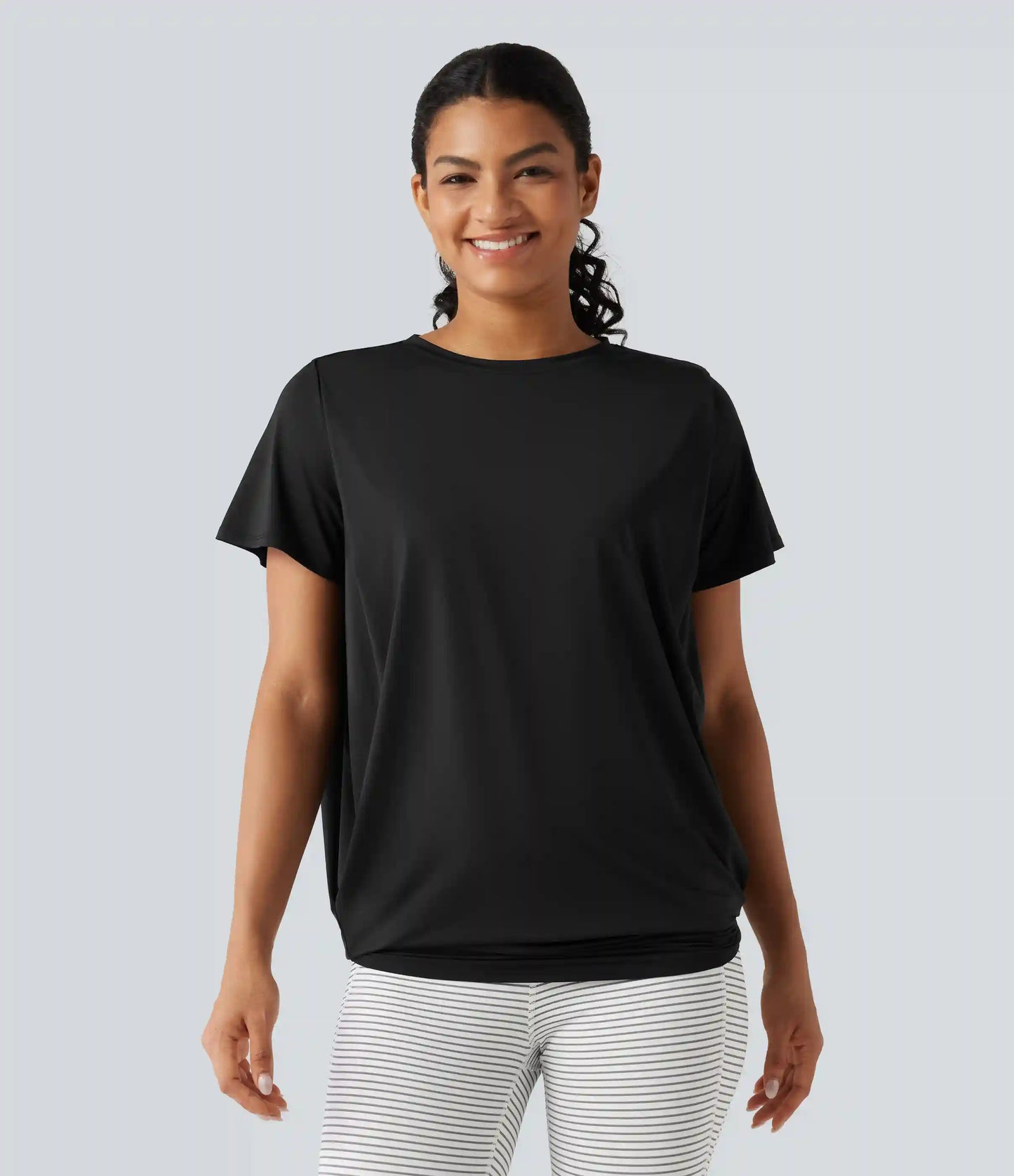 Round Neck Short Sleeve Ruched InstantCool Yoga Sports Top-Longer Length-UPF50+