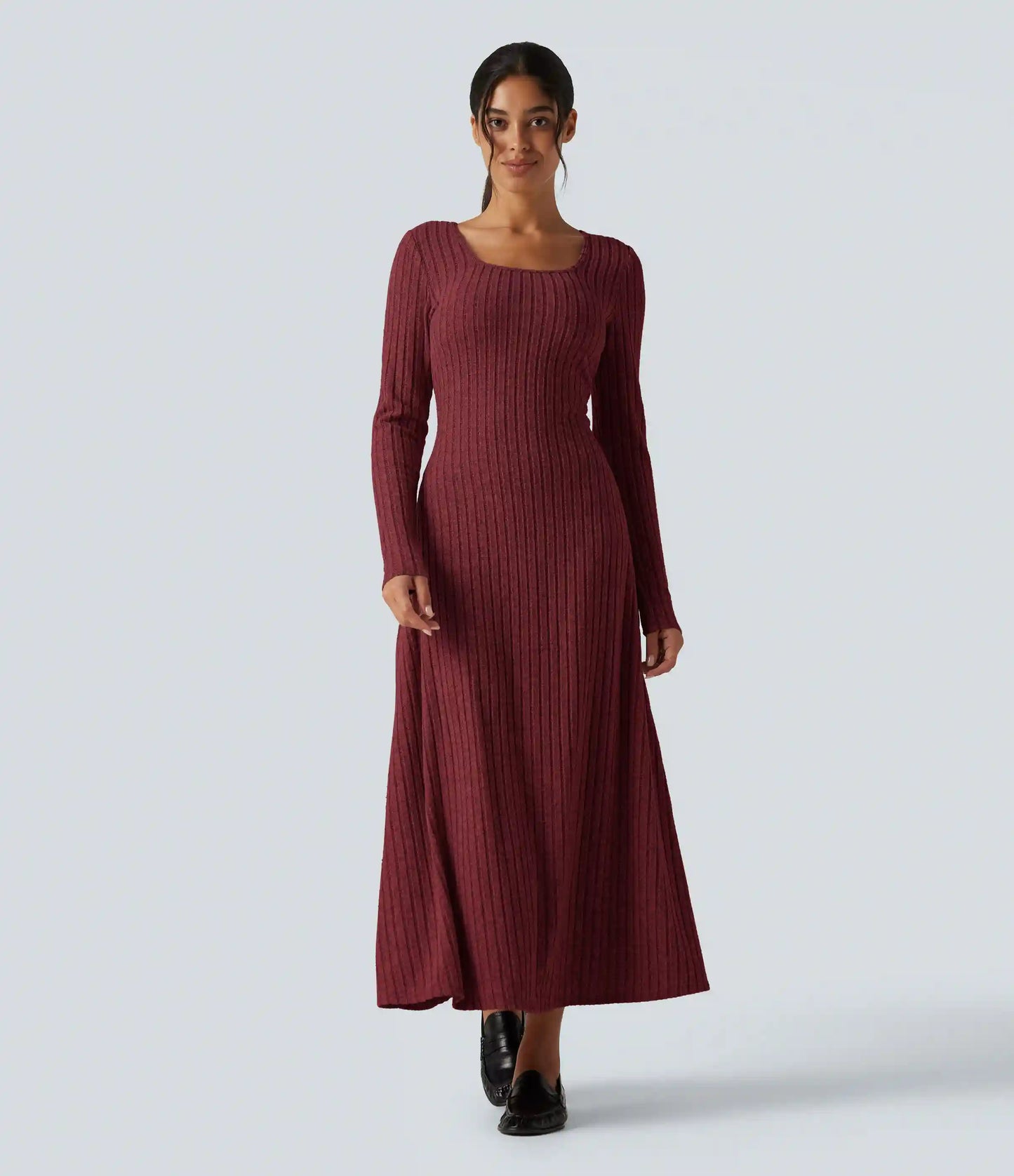 Ribbed Knit U Neck Long Sleeve Midi Casual Dress