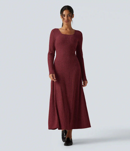 Ribbed Knit U Neck Long Sleeve Midi Casual Dress