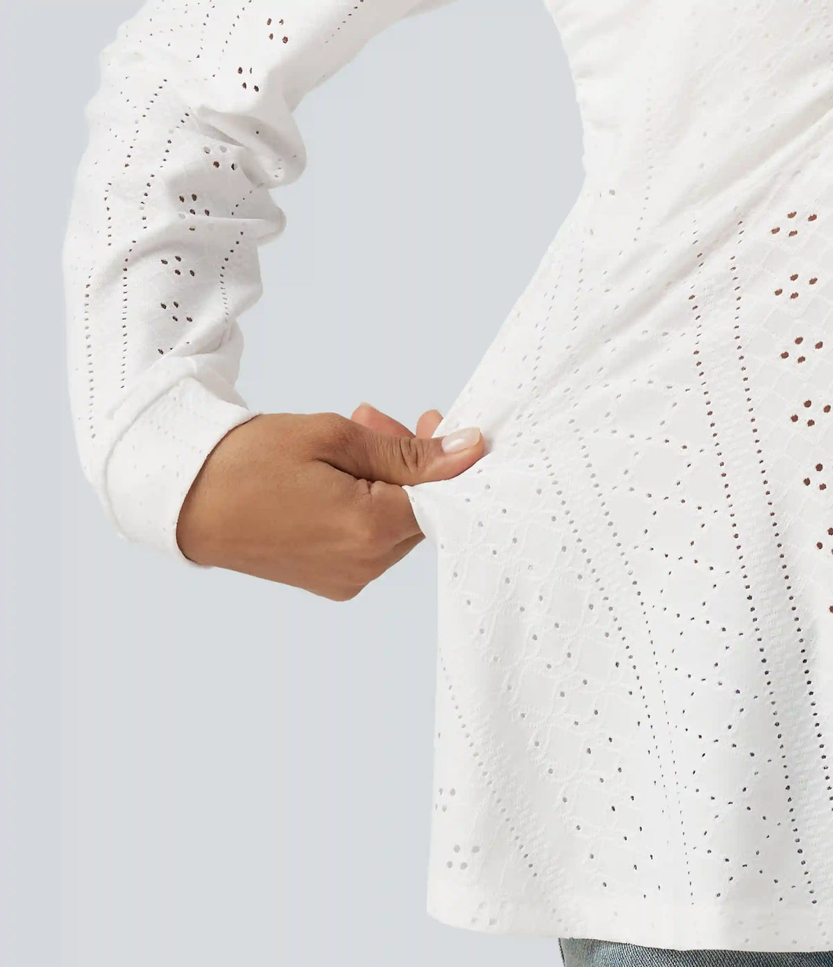 Sweetheart Neck Long Sleeve Lace Up Built-in Bra Eyelet Casual Top