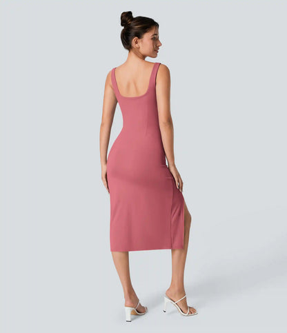 SoftlyZero™ Airy Square Neck Backless Corset Ruched Split Bodycon Midi InstantCool Bridesmaid and Wedding Guest Dress