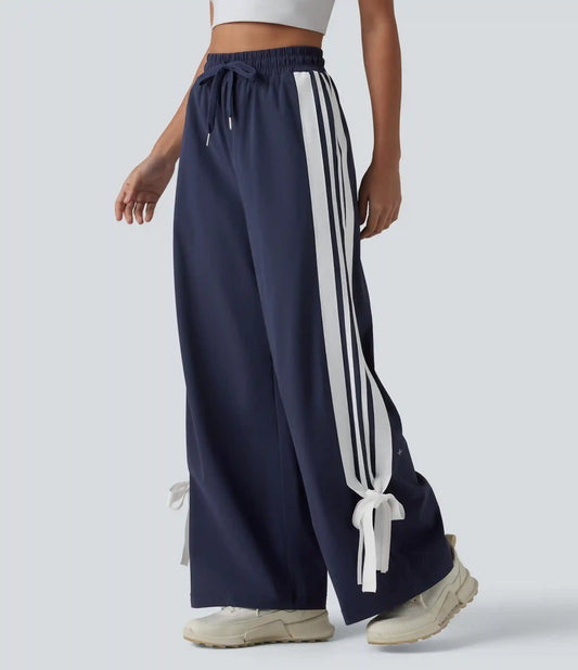 High Waisted Drawstring Color Block Stripes Bow Quick Dry InstantCool Running Wide Leg Pants with Pockets-UPF40+
