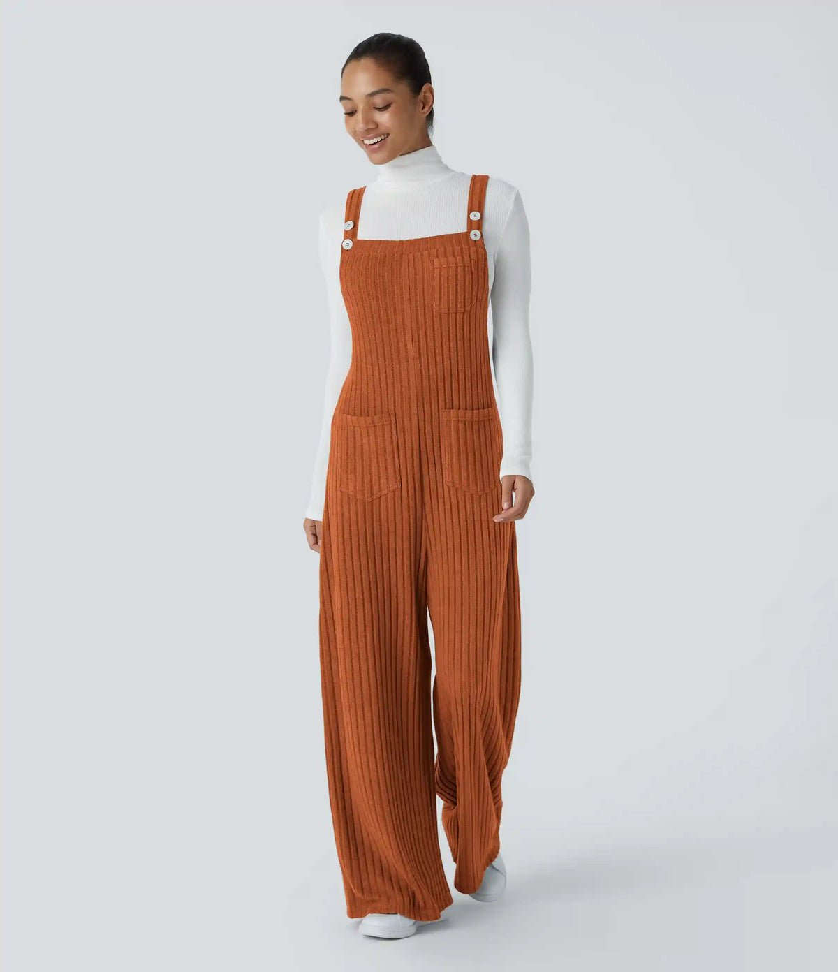 Ribbed Knit Pockets Casual Overalls