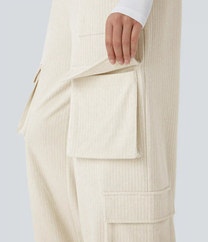 Ribbed Mid Rise Drawstring Pockets Wide Leg Cargo Casual Pants
