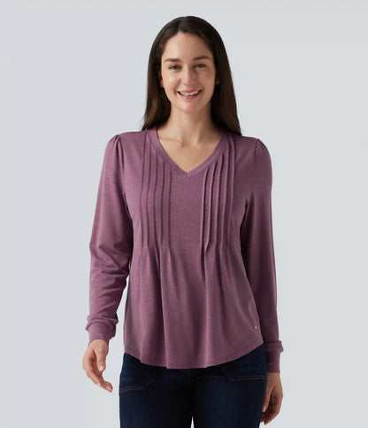 V Neck Long Sleeve Heathered Casual Top