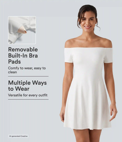 SoftlyZero™ Plush Off Shoulder Short Sleeve Built-in Bra Mini Casual Dress B-DD Cups
