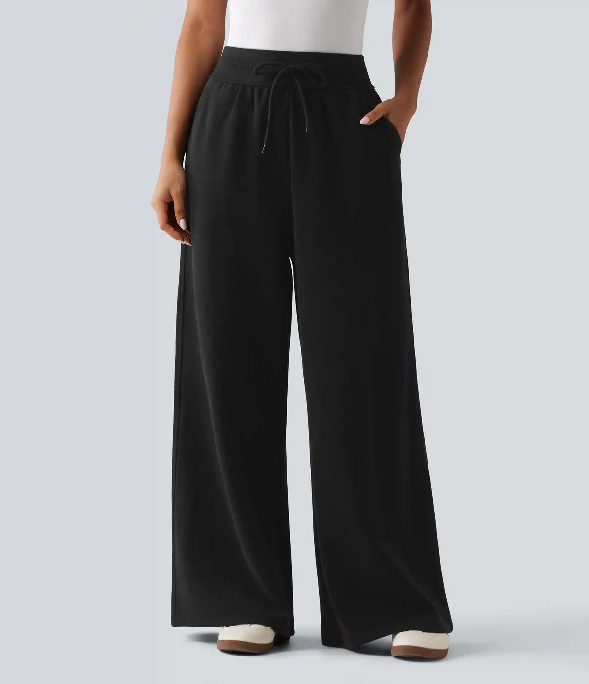 High Waisted Drawstring Wide Leg Fleece Cotton Casual Sweatpants with Pockets