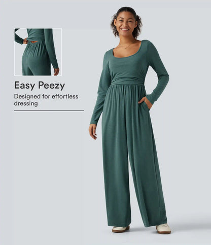 Scoop Neck Long Sleeve Built-in Bra Wide Leg Ruched Casual Jumpsuit with Pockets-Easy Peezy Edition