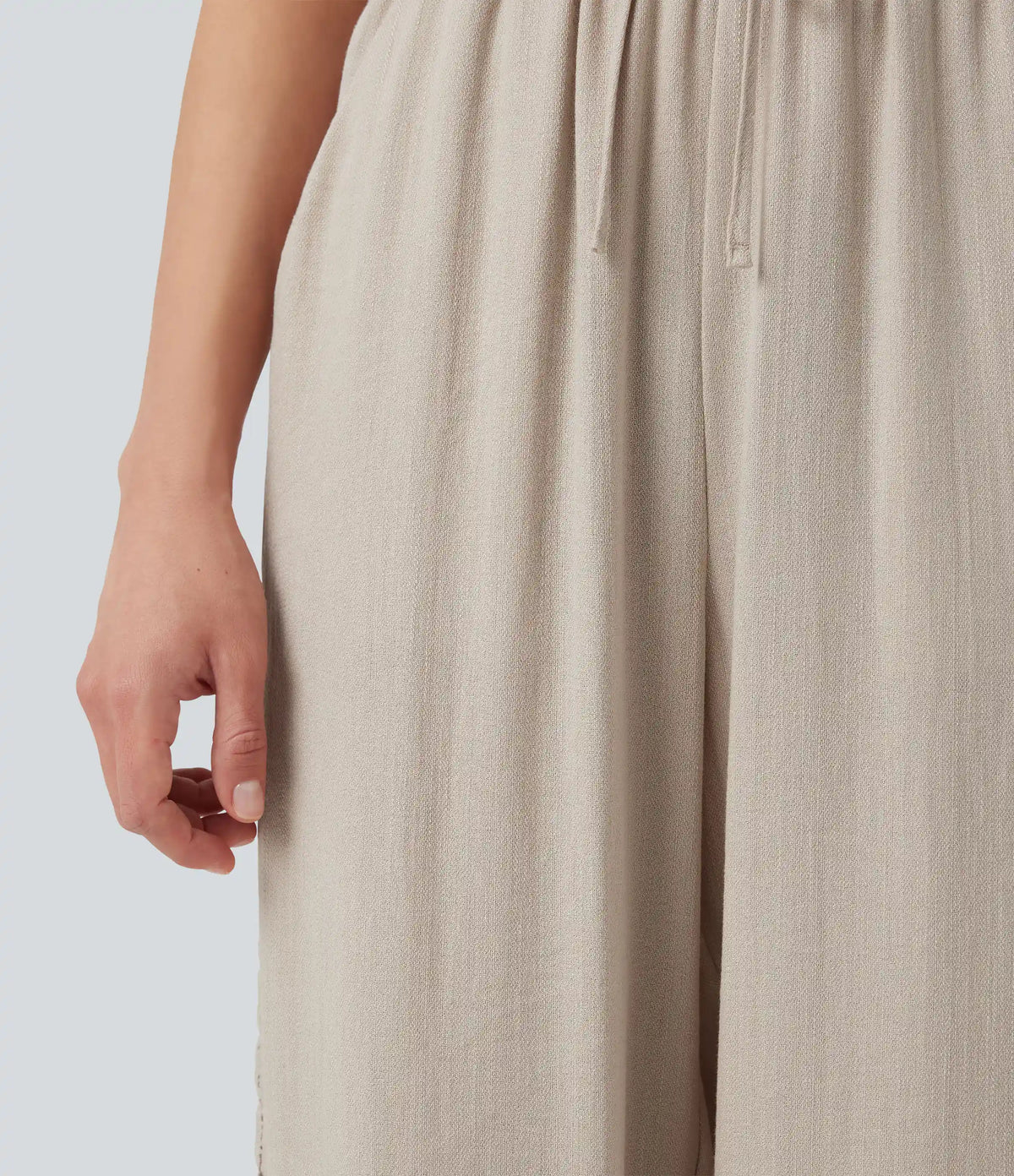 High Waisted Drawstring Casual Linen-Feel Pants with Pockets
