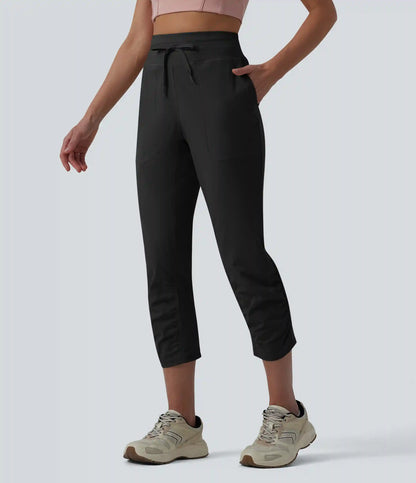 High Waisted Drawstring Ruched Running Cropped Joggers with Pockets