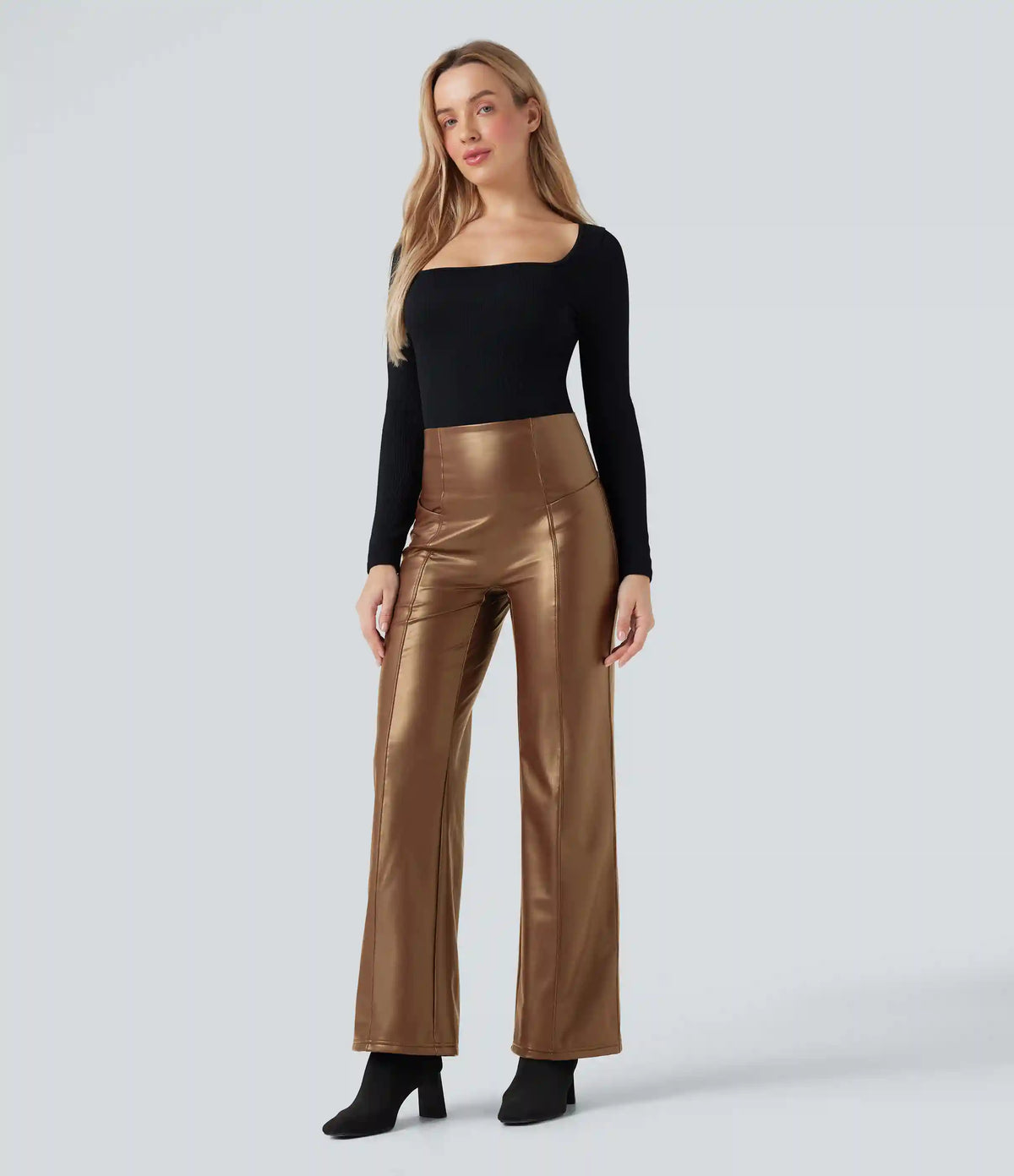 High Waisted Tummy Control Stretchy PU Fleece Casual Flare Pants with Pockets