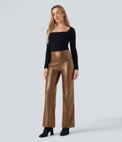 High Waisted Tummy Control Stretchy PU Fleece Casual Flare Pants with Pockets