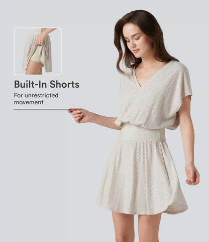 Ribbed Knit V-neck Short Sleeve 2-in-1 Mini Casual Linen-Blend Flowy Dress