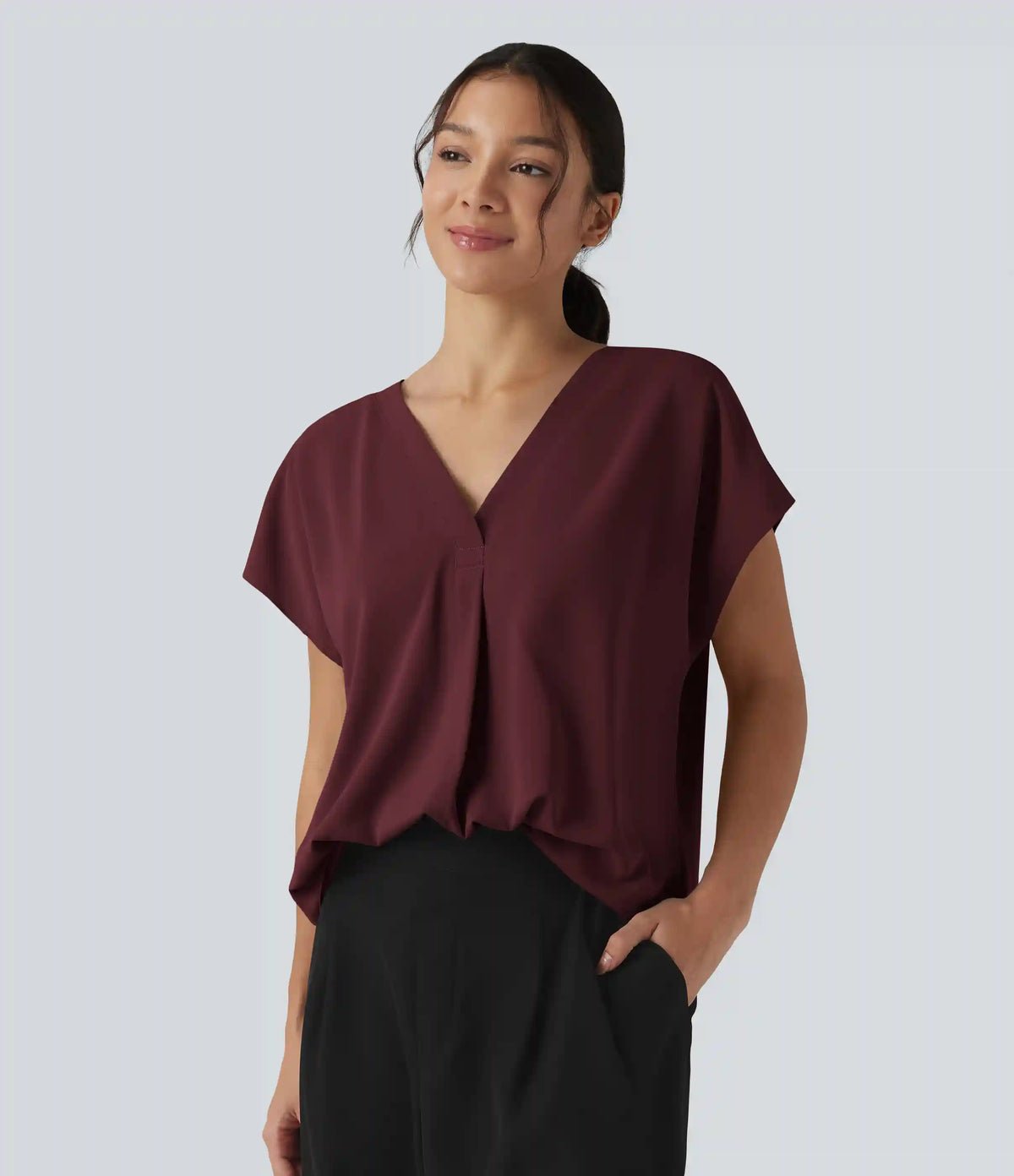Wrinkle Recovery V-neck Short Sleeve Oversized Work Blouse