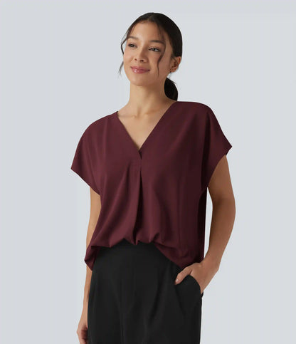 Wrinkle Recovery V-neck Short Sleeve Oversized Work Blouse