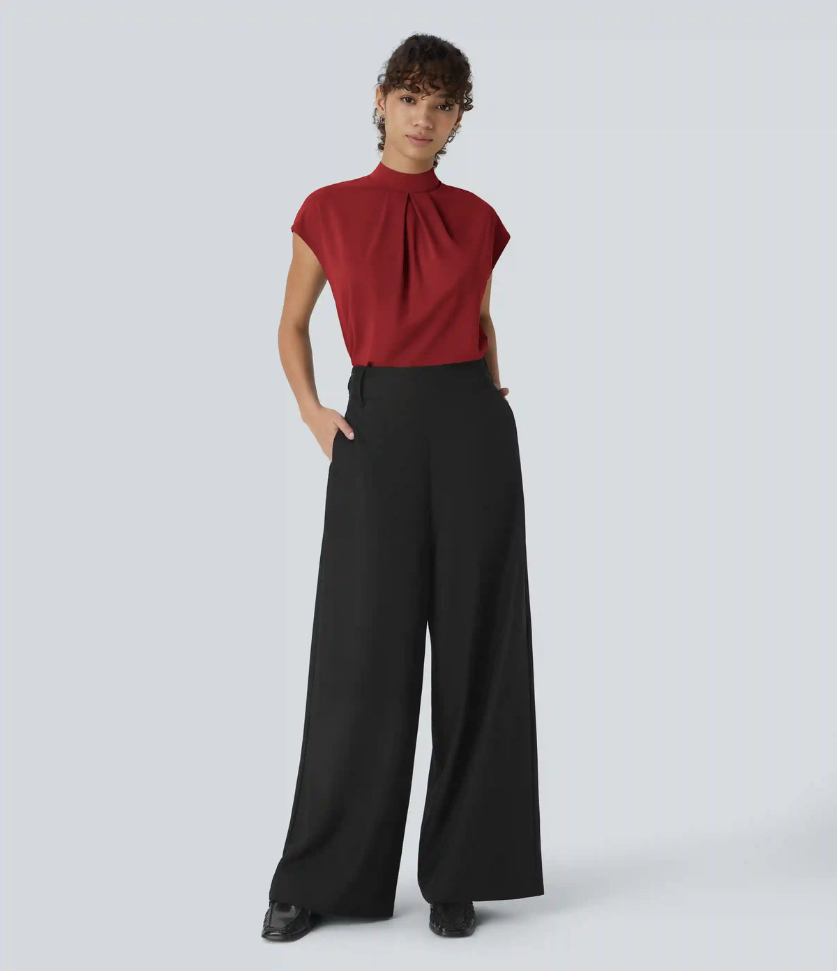 Stand Collar Back Cap Sleeve Work Blouse