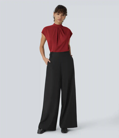 Stand Collar Back Cap Sleeve Work Blouse