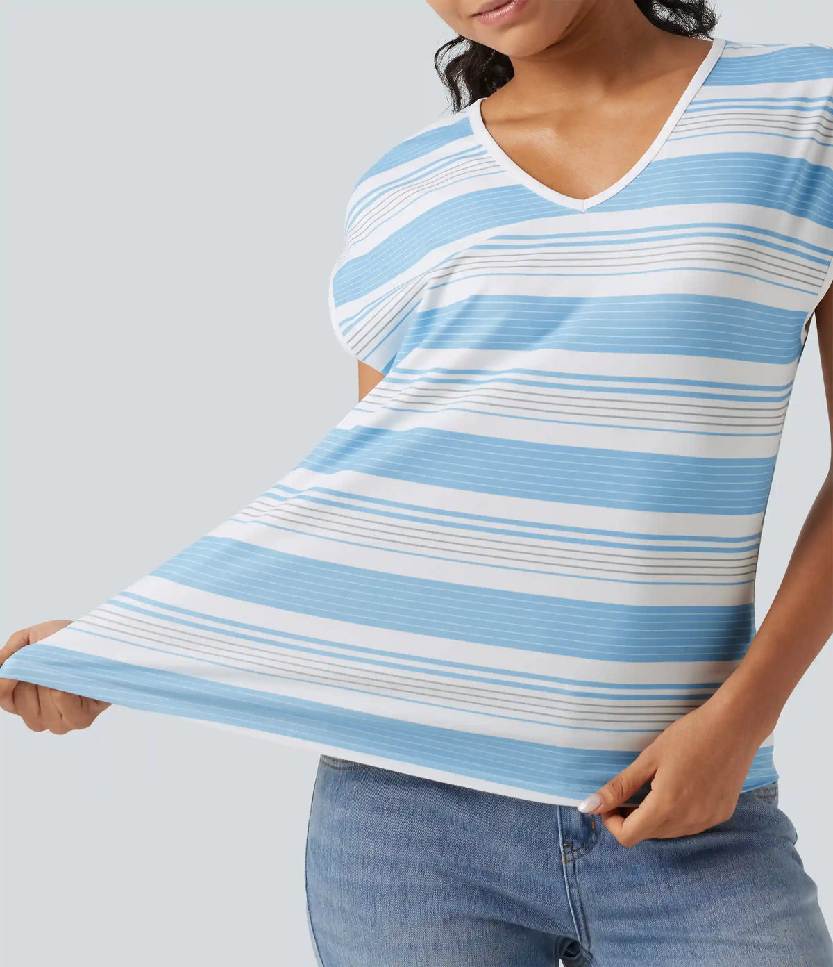 V Neck Short Sleeve Stripe Casual T-Shirt