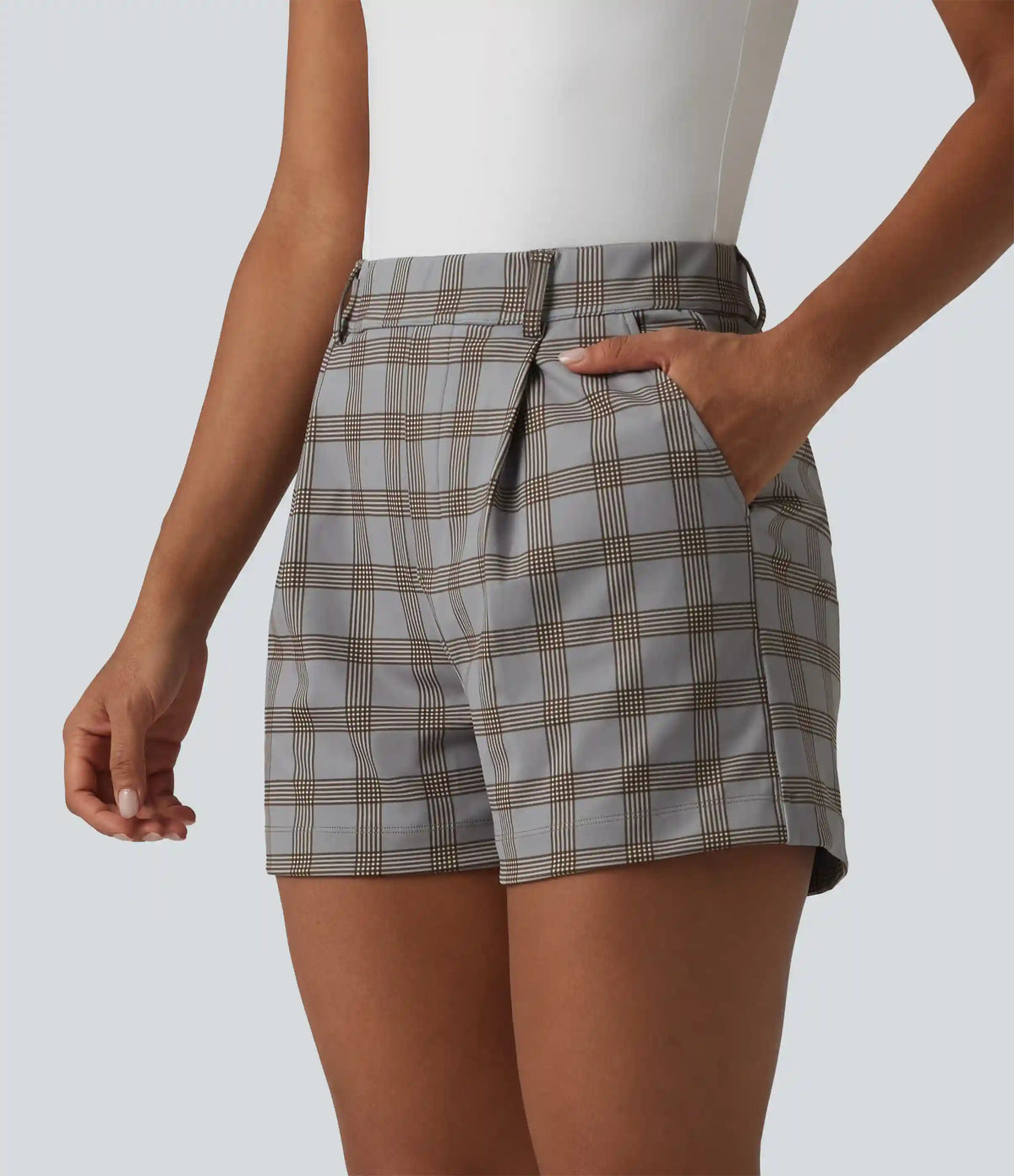 High Waisted Straight Leg Plaid Work Shorts with Pockets