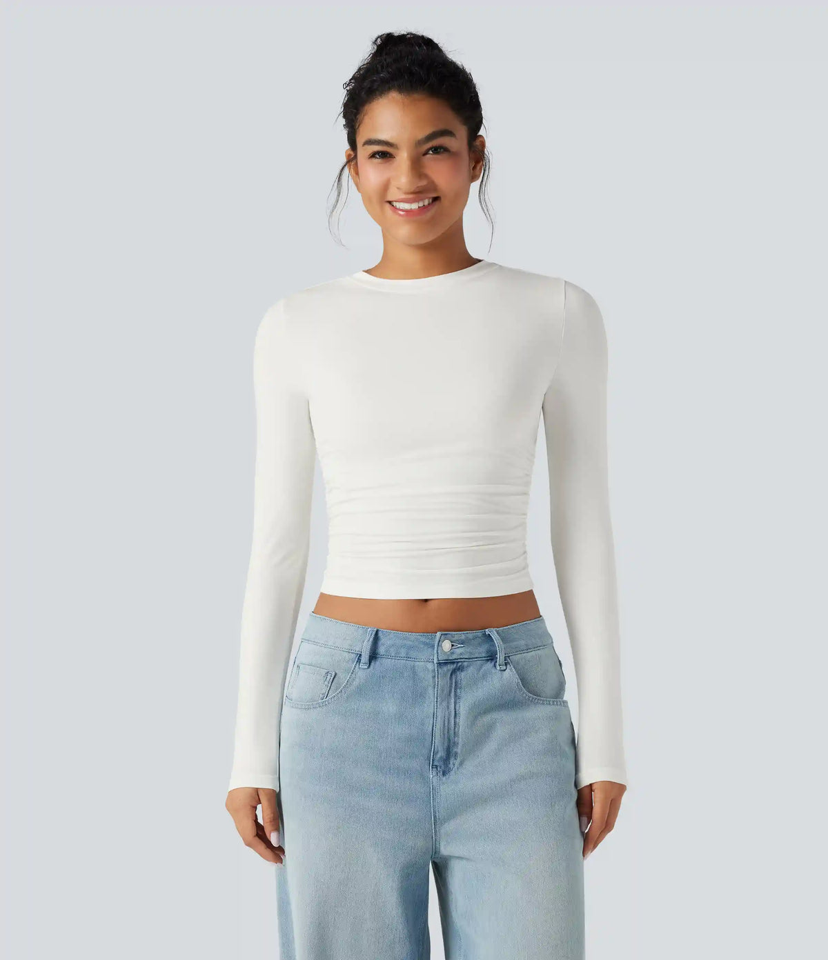 Round Neck Long Sleeve Ruched Casual Top
