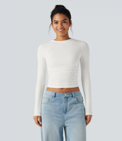 Round Neck Long Sleeve Ruched Casual Top
