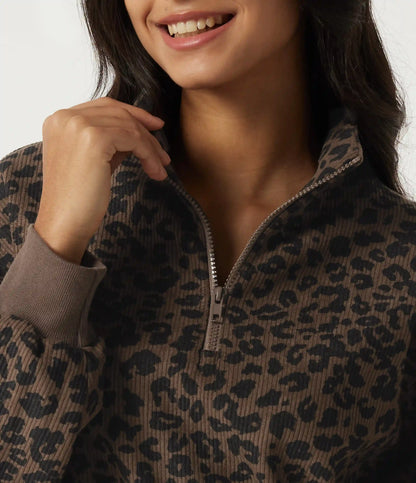 Stand Collar Long Sleeve Leopard Print Casual Top