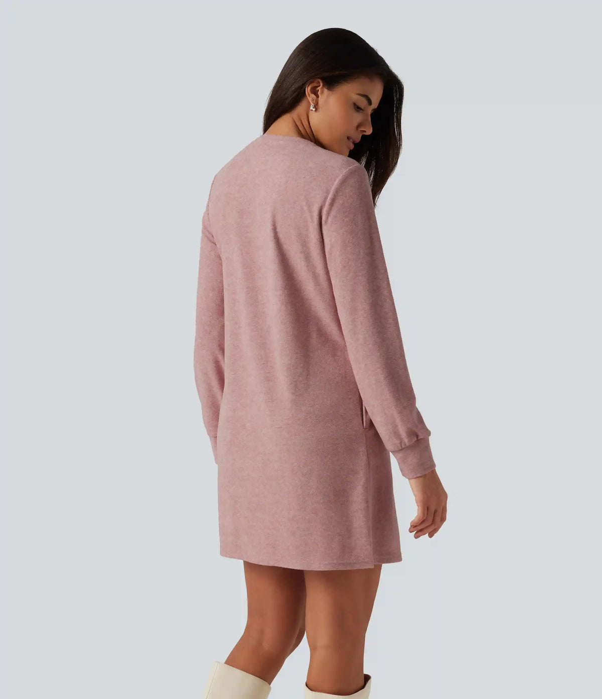 Round Neck Long Sleeve Mini Work Dress with Pockets