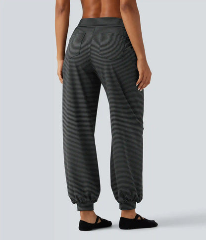 Mid Rise Foldover Drawstring Stripe Yoga Jogger with Pockets