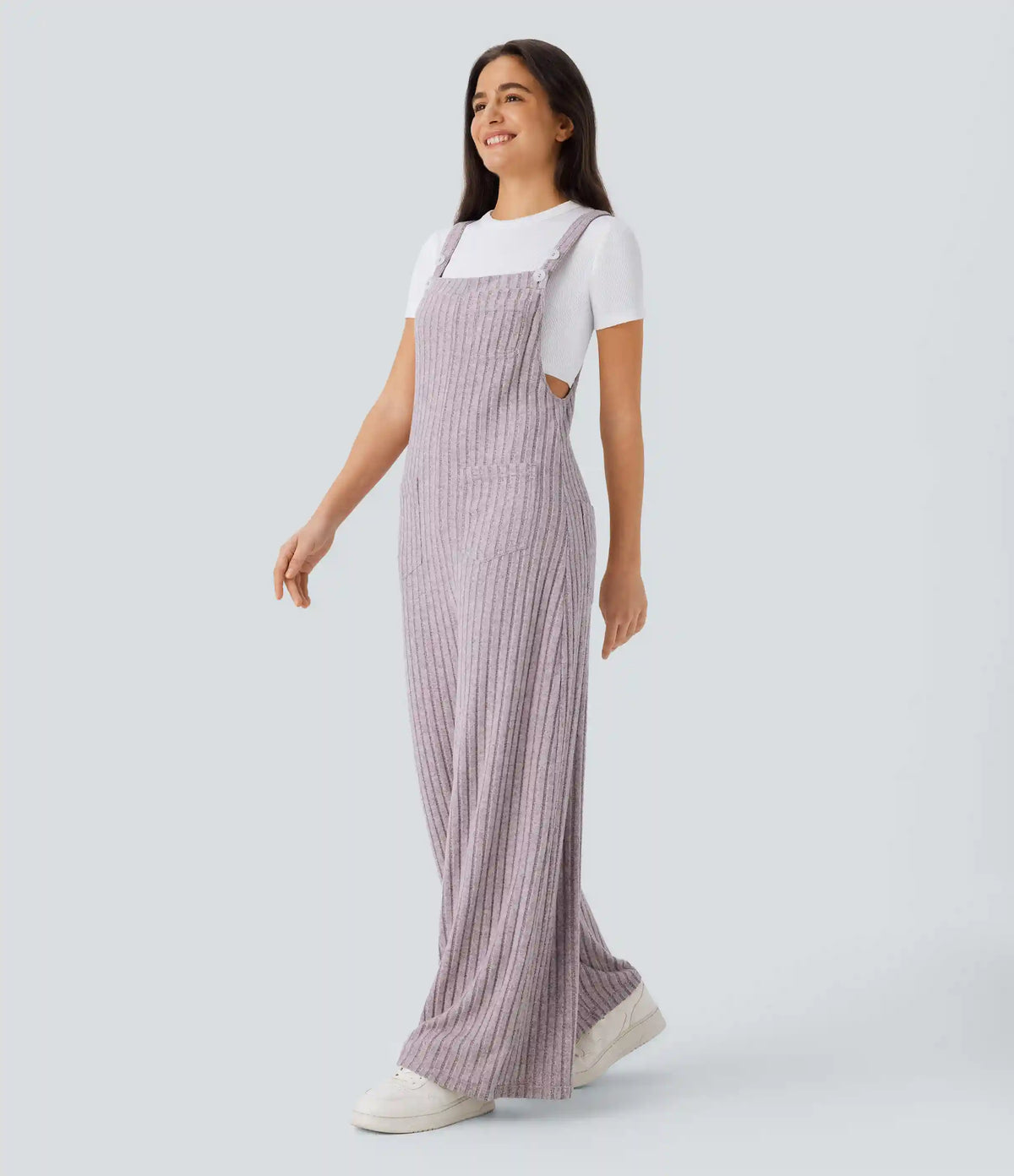 Ribbed Knit Pockets Casual Overalls