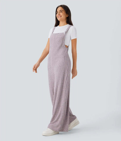 Ribbed Knit Pockets Casual Overalls