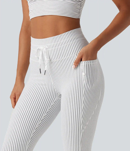 High Waisted Drawstring Stripe Yoga Leggings with Pockets